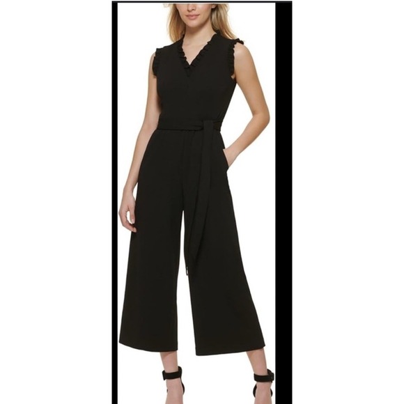 Calvin Klein Wide Leg Jumpsuit Ruffle V Neck‎ Belted Sleeveless Cropped Size 8 - Picture 1 of 12
